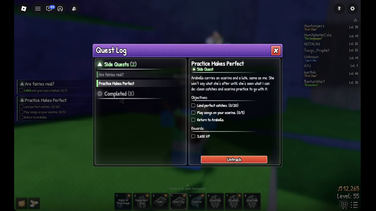 Quest Log open with Practice Makes Perfect selected, showing its objectives and 3,600 XP reward