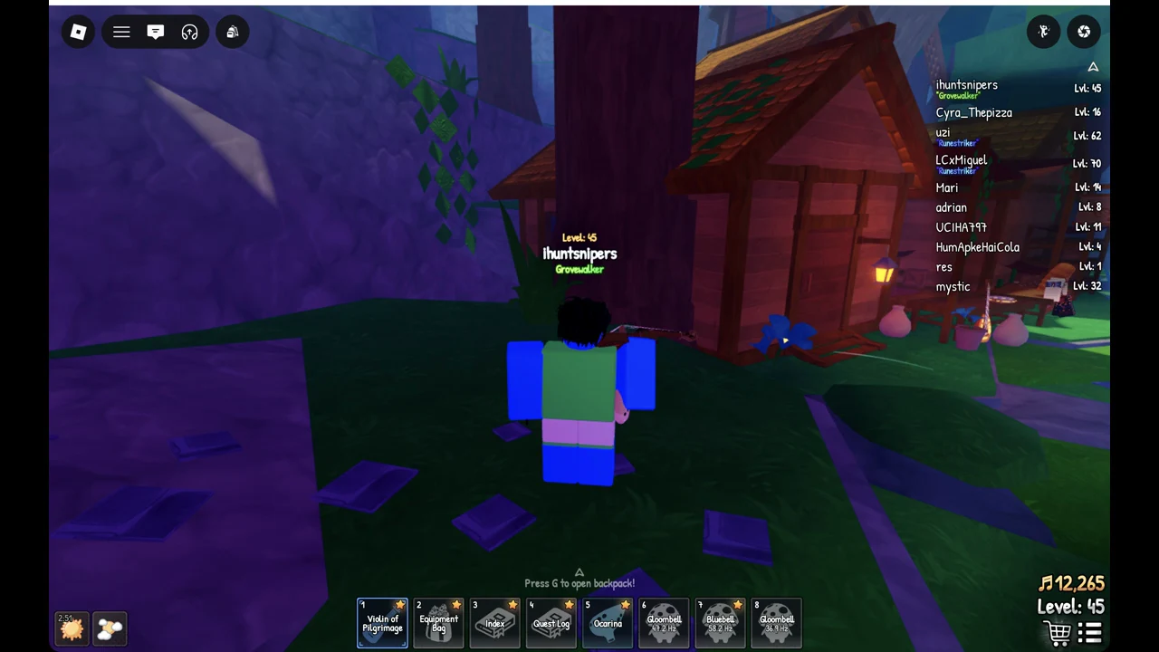 SCROOMS character in the world with an equipped title showing in green under the username