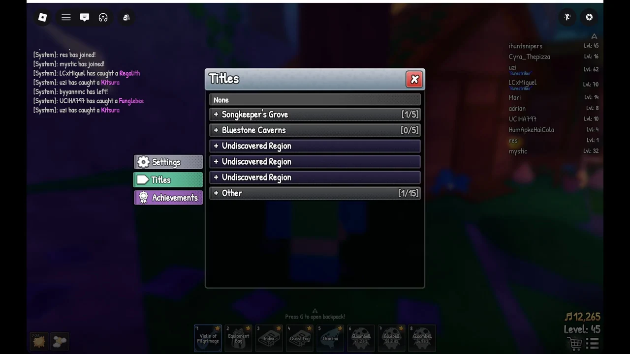 The Titles page open in SCROOMS showing region groups with owned and locked counts