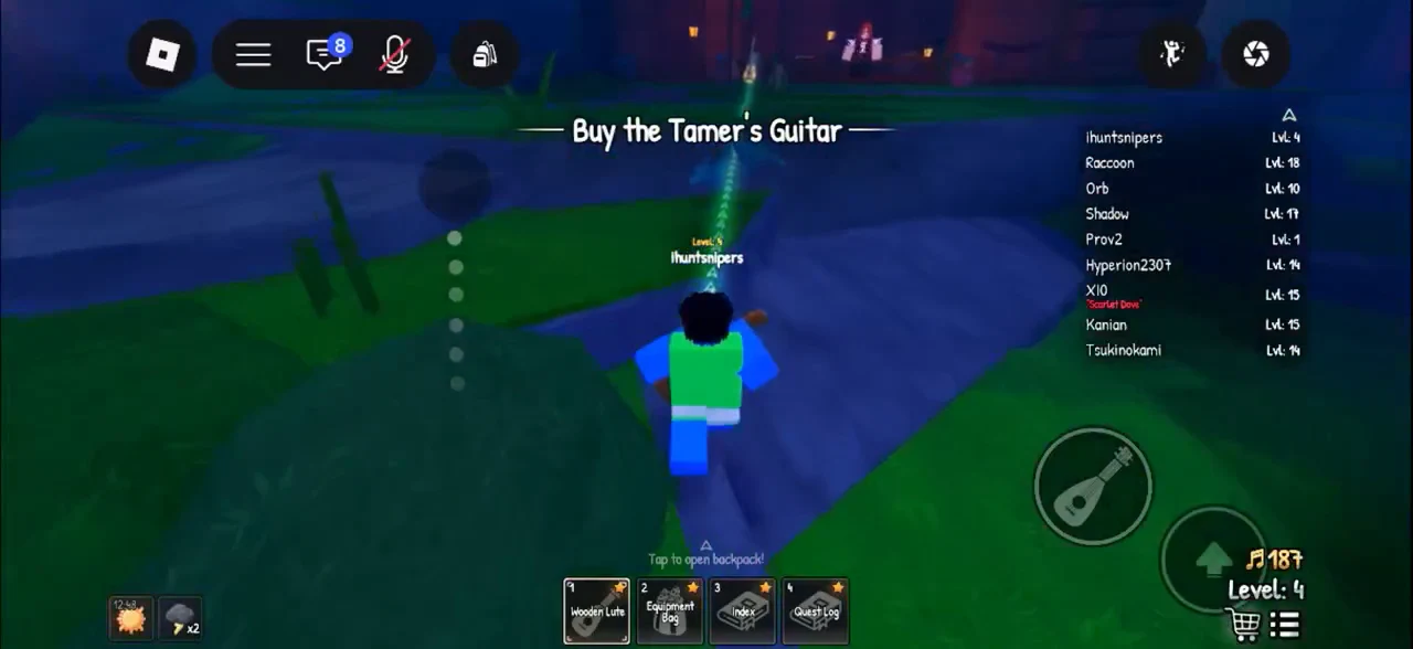 Player character moving toward the glowing green objective marker for the Tamer's Guitar