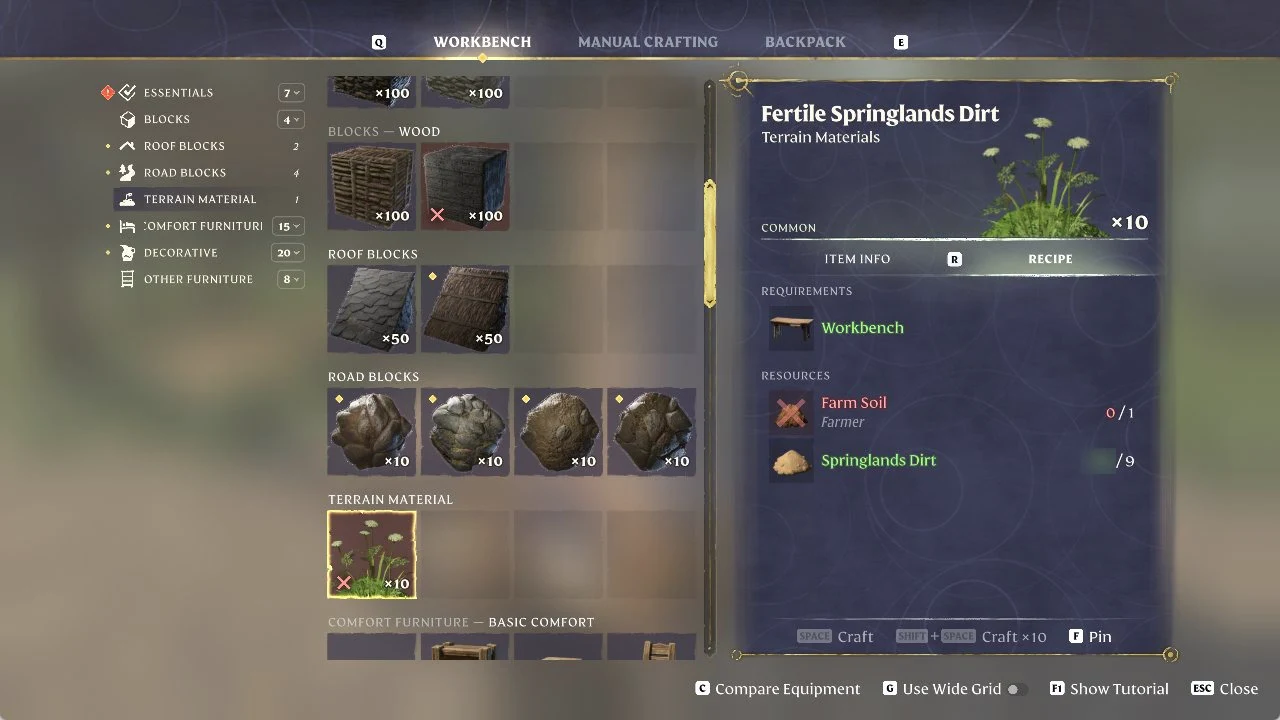 Workbench Terrain Material category open on the Fertile Springlands Dirt recipe and its required resources