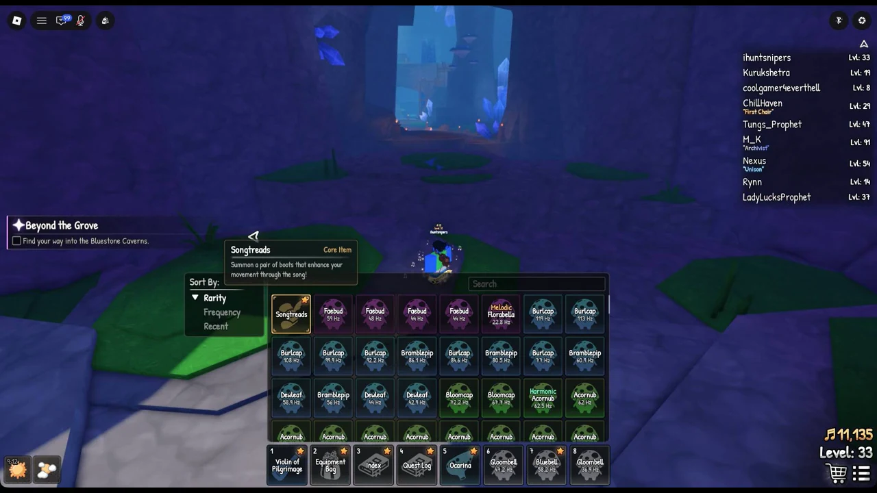 Songtreads selected in the backpack showing the Core Item tooltip about movement through the song