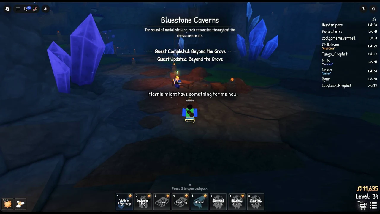 Bluestone Caverns banner with Beyond the Grove completion while approaching Marnie