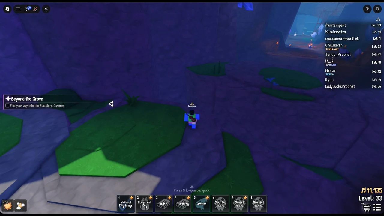 Walking the purple rocky path with the Beyond the Grove quest tracker showing