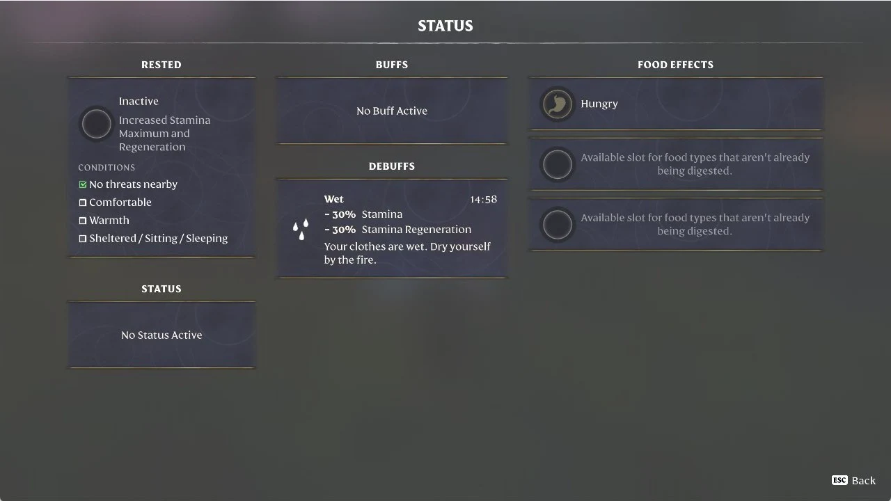 Enshrouded Status screen with the Wet card under DEBUFFS listing its Stamina and Stamina Regeneration penalties