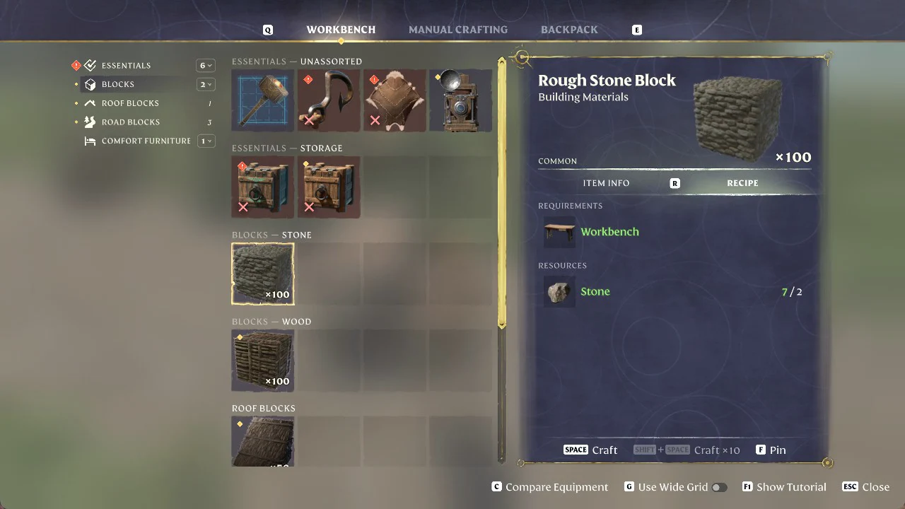 Workbench menu with Rough Stone Block selected and its recipe tab open, ready to craft with Stone