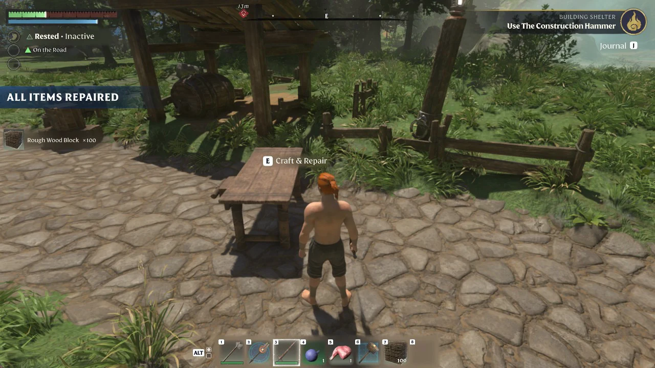 Quest tracker reading Use The Construction Hammer after leaving the Workbench, with an All Items Repaired notice