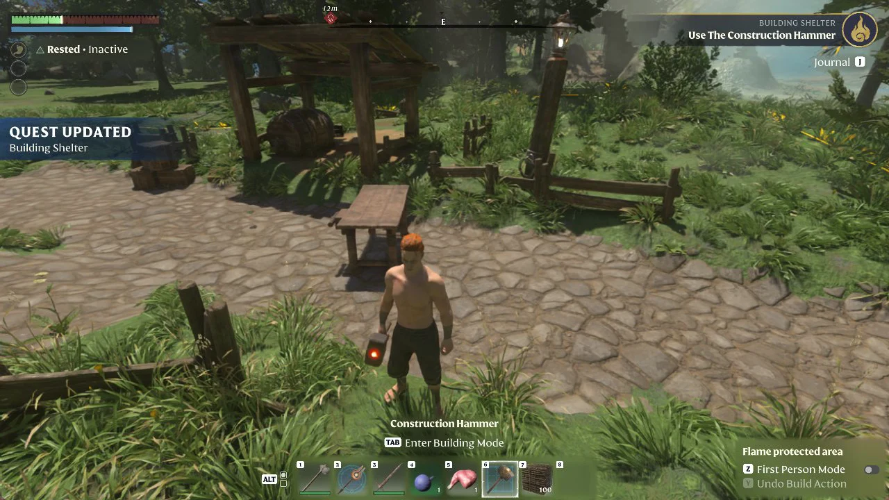 Construction Hammer selected with the on-screen prompt to press Tab to enter Building Mode