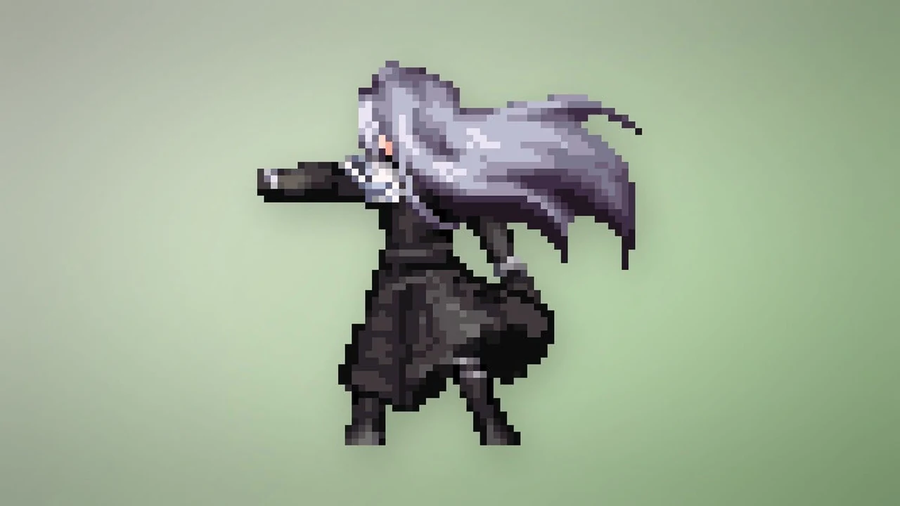 Full-body pixel art sprite of Sephiroth, the Fallen Hero Sephiroth Vision