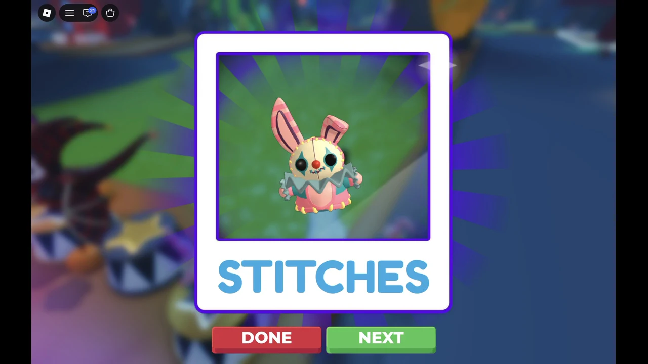 New pet card showing STITCHES with its artwork and a green NEXT button