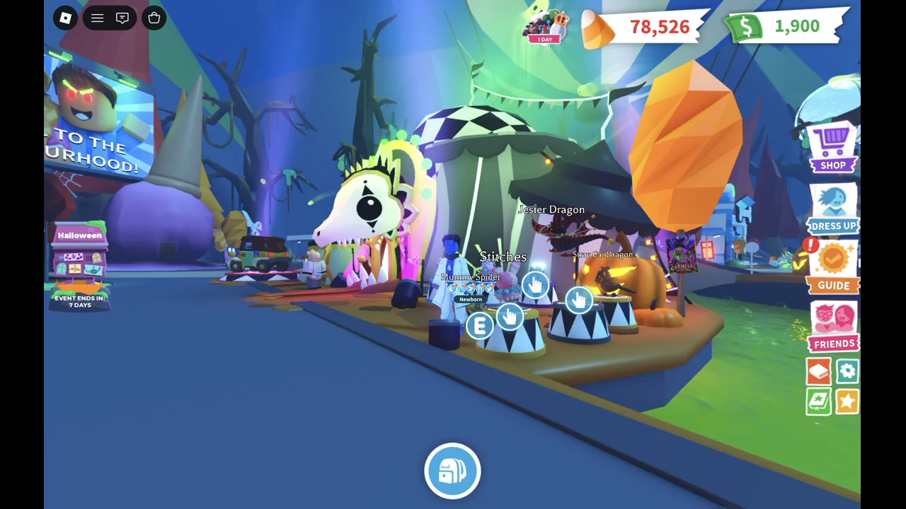The striped pedestal row right of the skull arch at the Adopt Me Carnival entrance, with the Stitches, Jester Dragon and Stray Cat Dragon labels