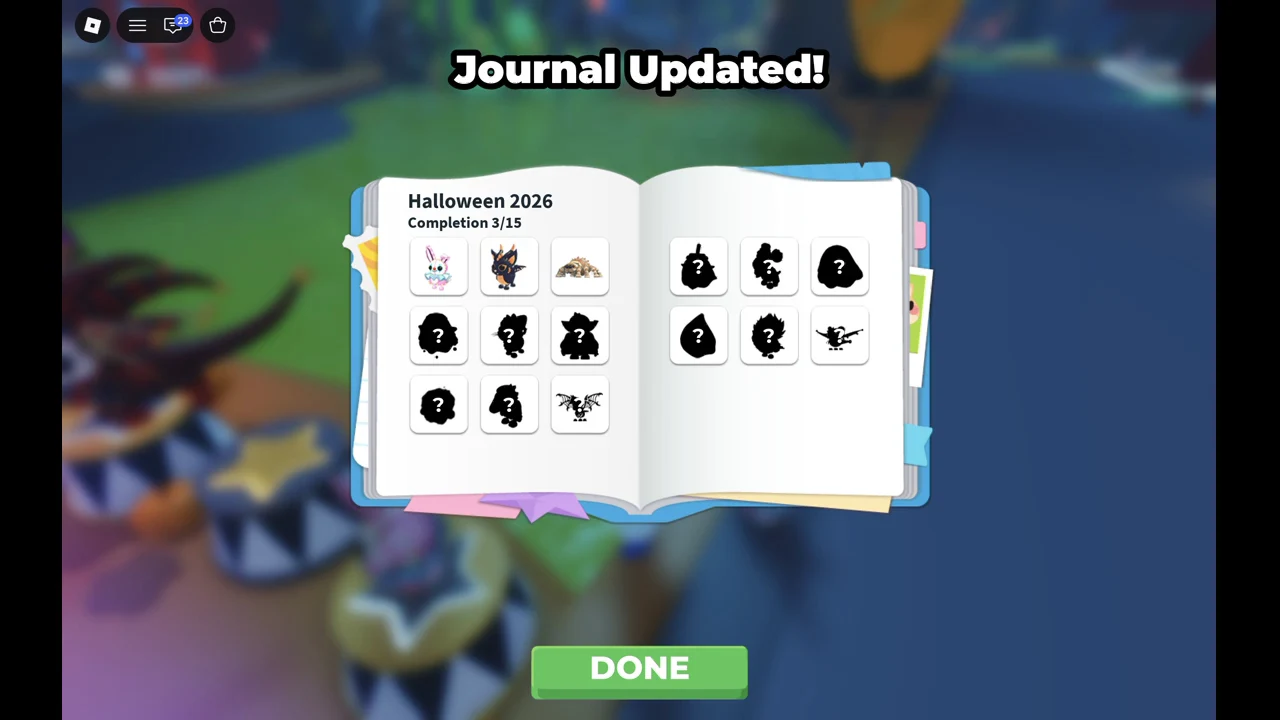 Journal Updated screen on the Halloween 2026 page showing 3/15 completion and a DONE button