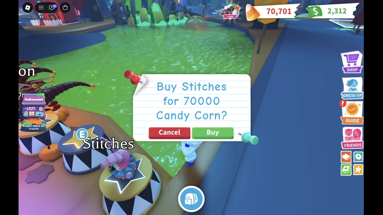 Purchase box asking to buy Stitches for 70000 Candy Corn, with a green Buy button