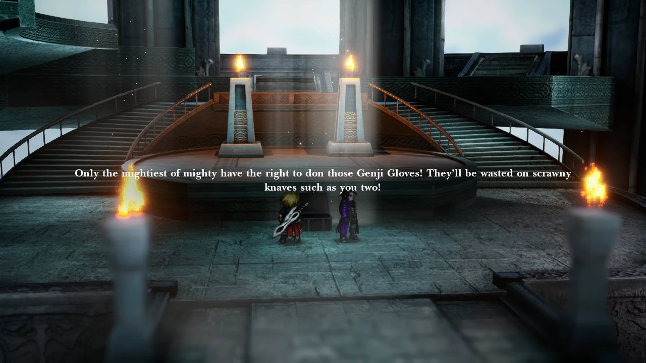 Gilgamesh taunting the two party members as too weak to wear the Genji Gloves