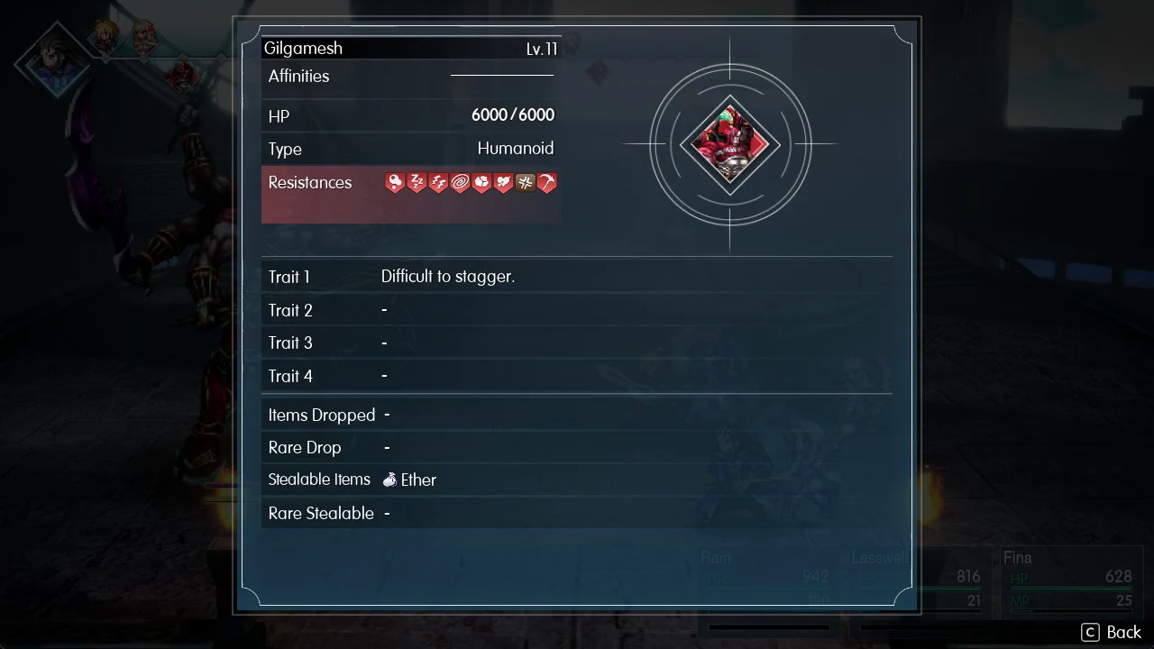 Libra panel for Gilgamesh at level 11 showing traits, resistances and Ether as his steal item