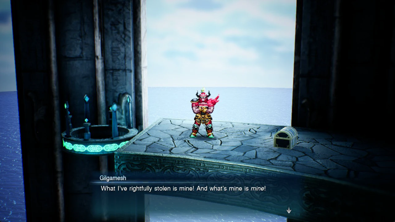 Gilgamesh on a ledge refusing to return the gloves he stole