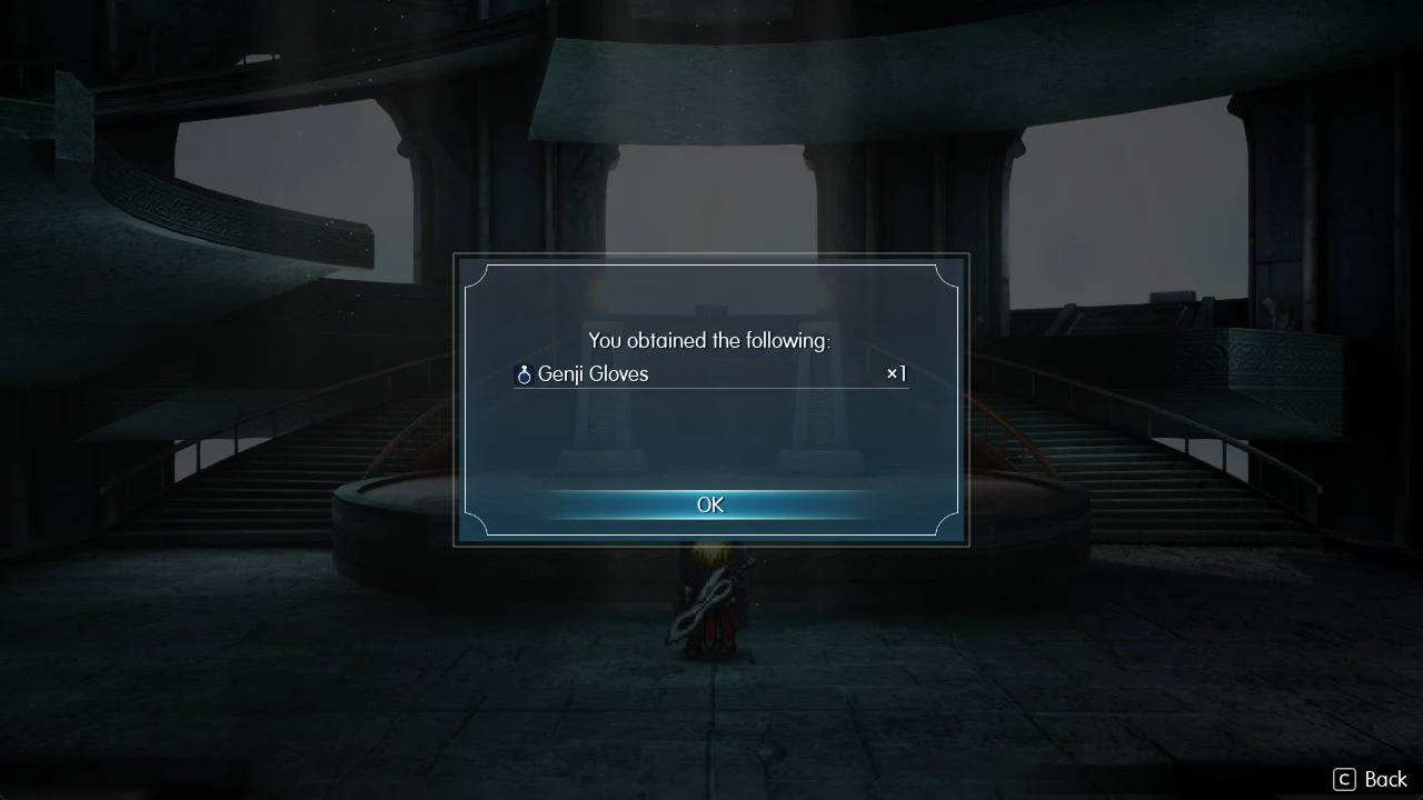Item pop-up confirming one pair of Genji Gloves obtained, with the OK button highlighted