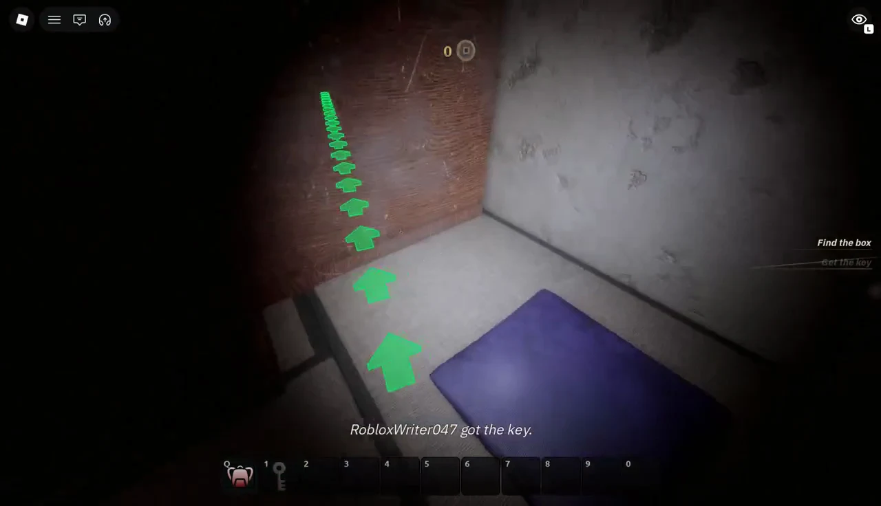 New green arrows in a hallway after the key pickup, with the chest objective active