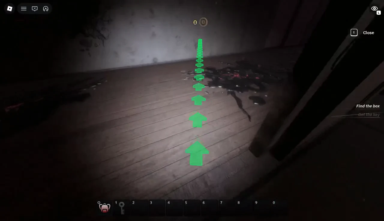 Floor arrows continuing down a corridor toward the chest
