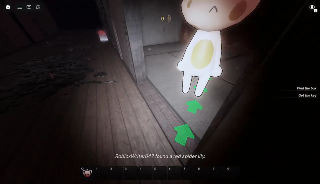 Green arrows pointing deeper into the room where the key waits at the back