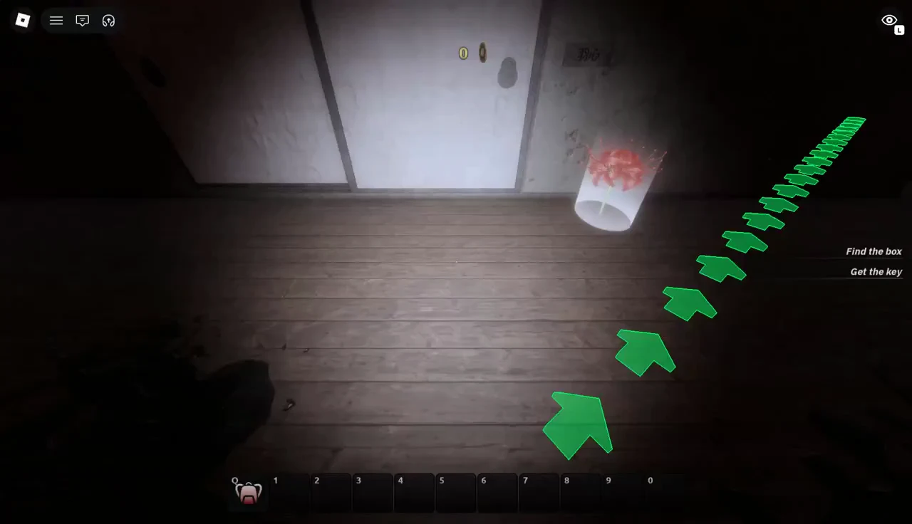 Green arrows on a hallway floor leading toward the key objective in PETAPETA