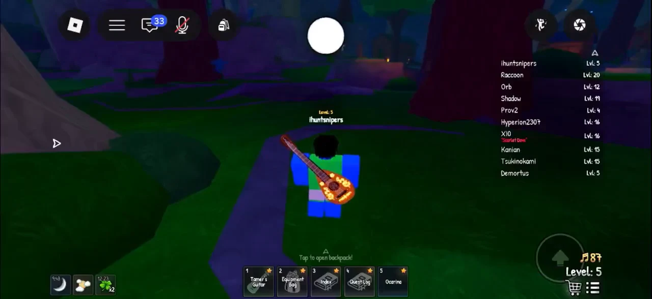 Nighttime SCROOMS screen as the Ocarina and Magic Melody badge are awarded