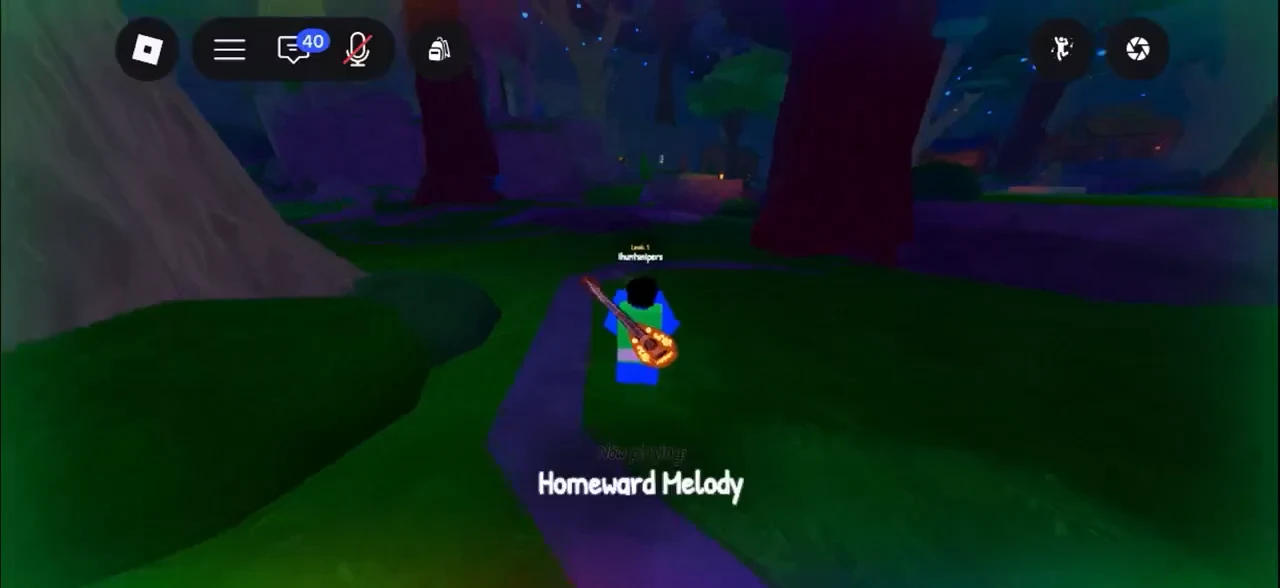 Homeward Melody casting text as the avatar stands on a forest path with a guitar