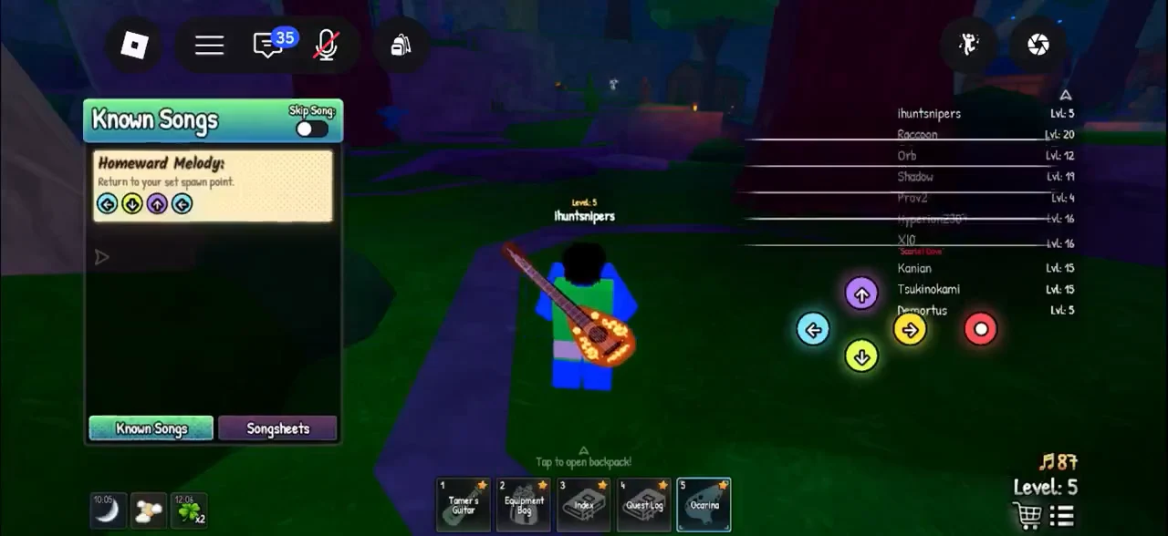 Known Songs menu open with the ocarina keys and musical staff visible