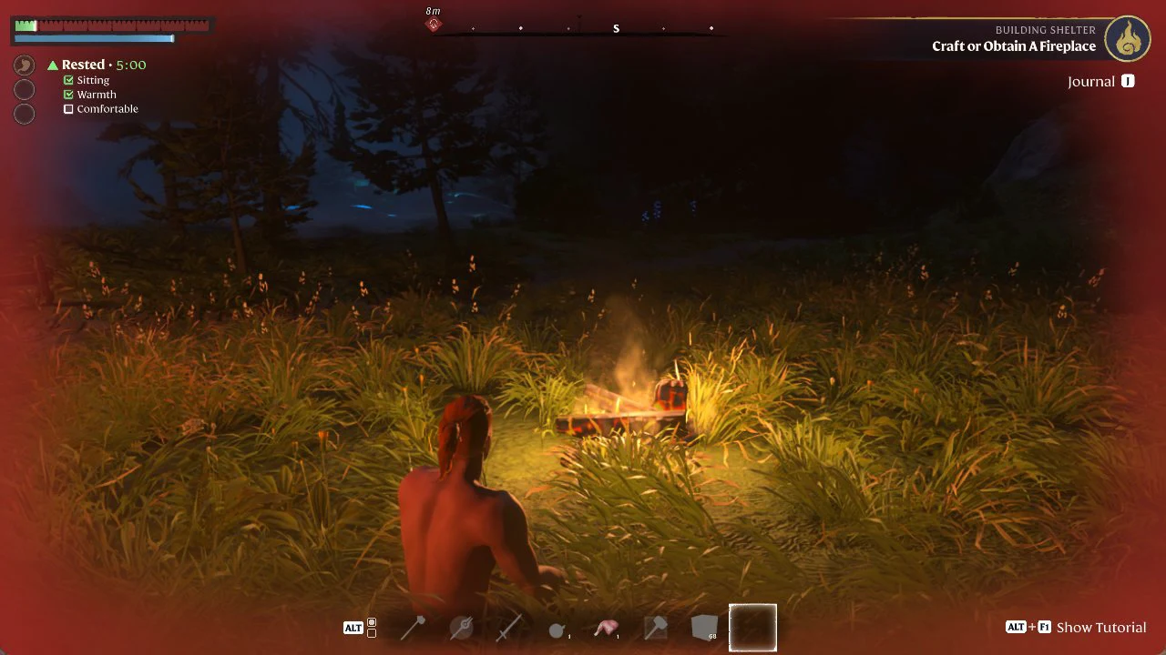 Character sitting beside a lit fire with Rested active and the Warmth condition ticked