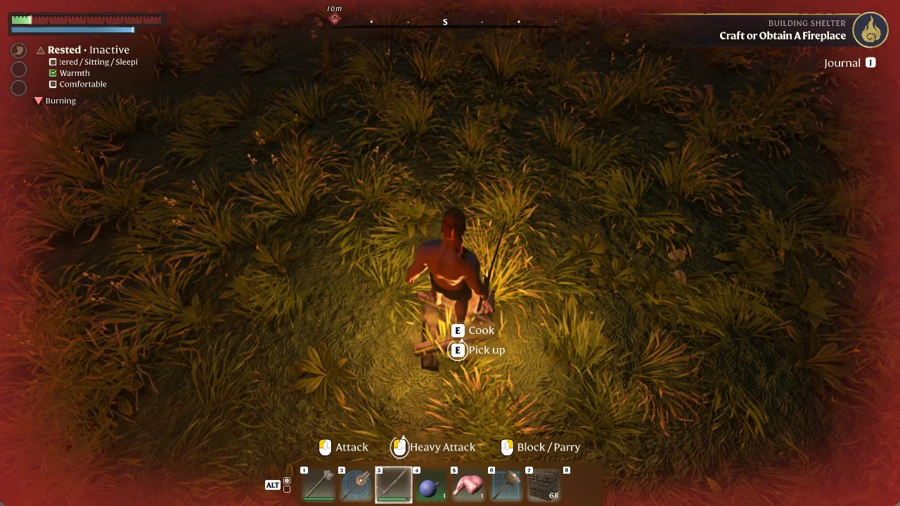 Character standing over a lit fire with E Cook and E Pick up prompts and a Fireplace objective