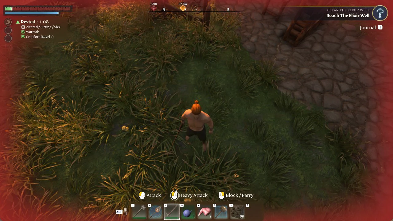 Character standing near the base with Rested active and Warmth and Comfort (Level 1) ticked