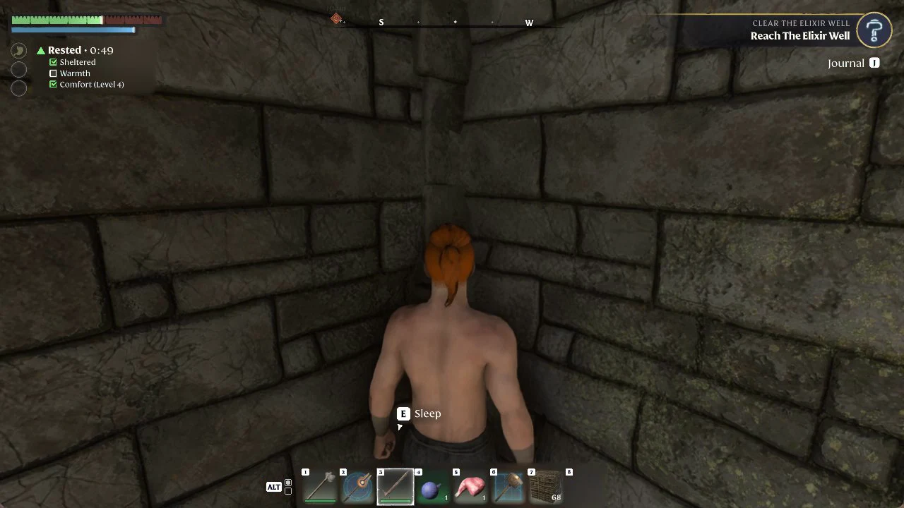 Character inside a stone shelter facing a bed with the E Sleep prompt showing