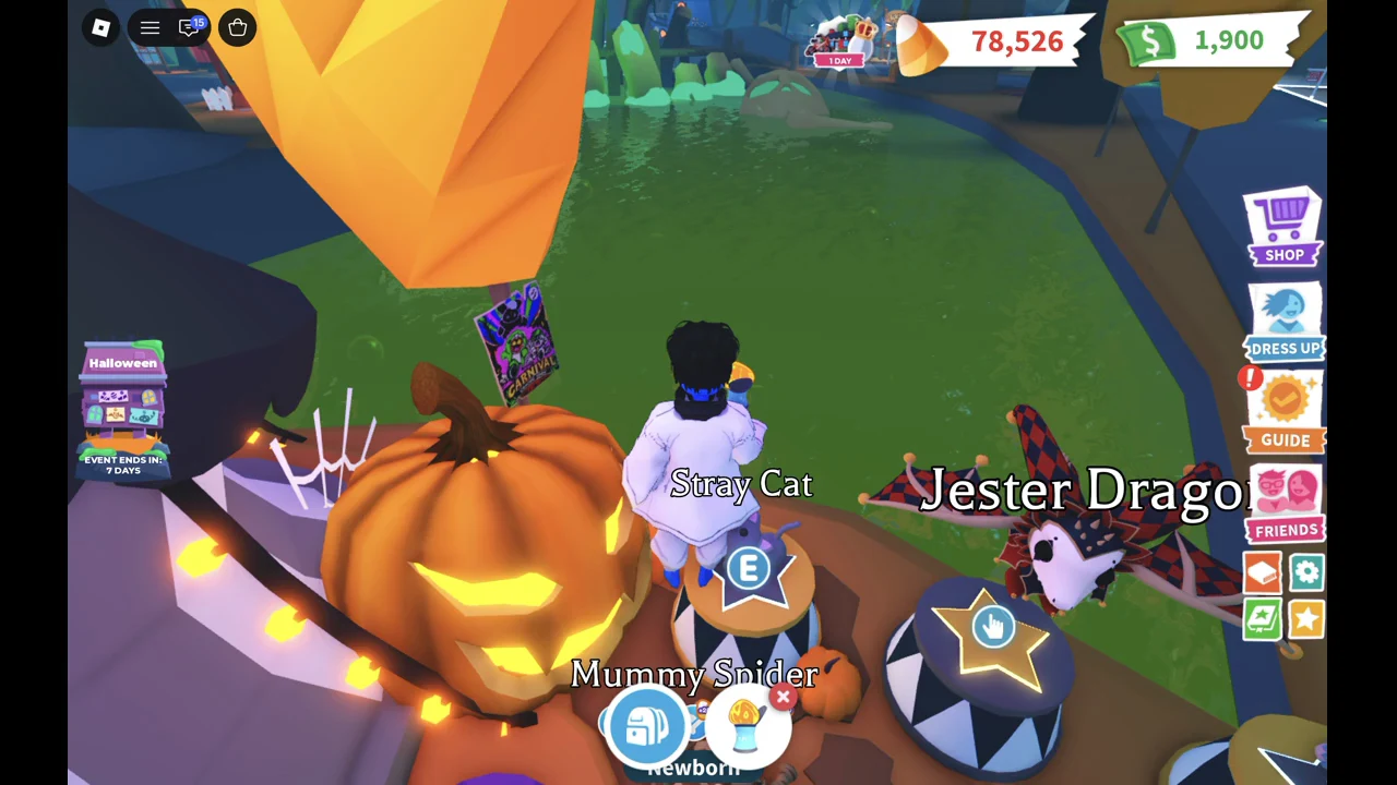 E interaction prompt on the Stray Cat's striped pedestal at the Carnival entrance