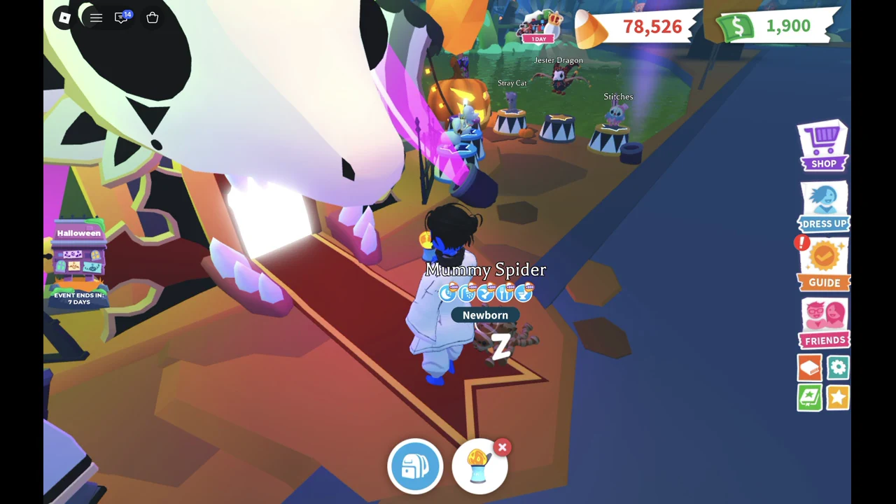 Arrival at the Adopt Me Carnival entrance in front of the skull arch, with the Stray Cat, Jester Dragon and Stitches pedestals and labels on the right