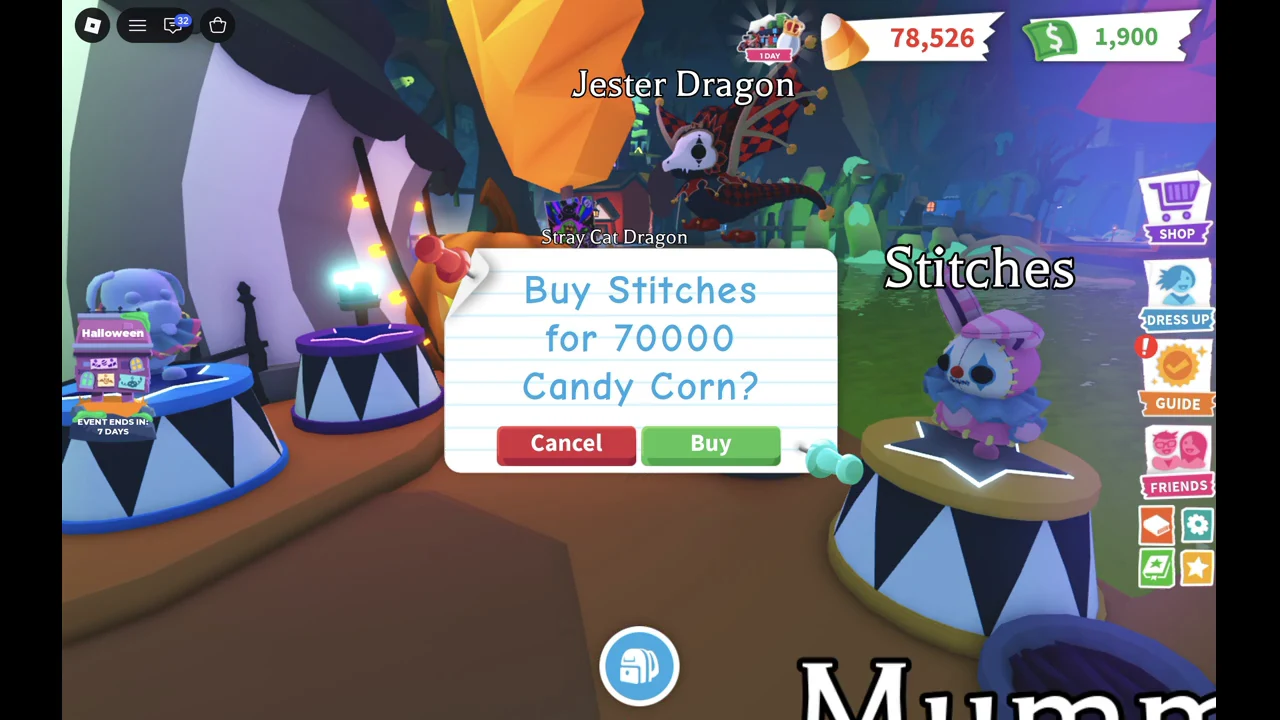Purchase box offering Stitches for 70,000 Candy Corn with a green Buy button