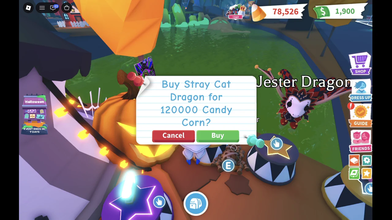 Purchase box asking to buy Stray Cat Dragon for 120000 Candy Corn with Cancel and green Buy buttons