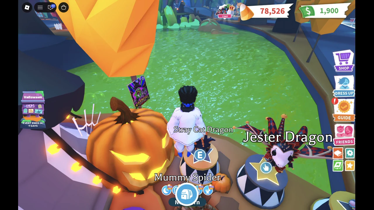 Pedestal now labelled Stray Cat Dragon beside the Jester Dragon, with the E prompt showing