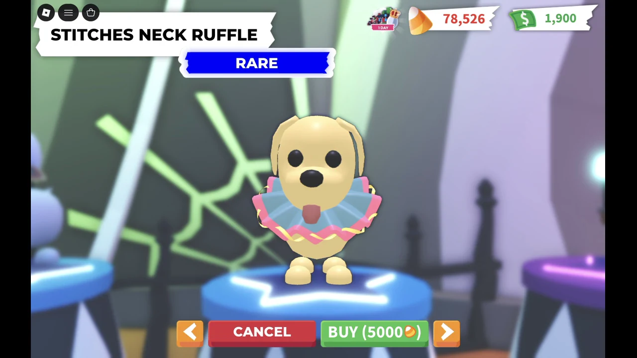 Accessory preview showing the Rare Stitches Neck Ruffle with a green Buy (5000) button