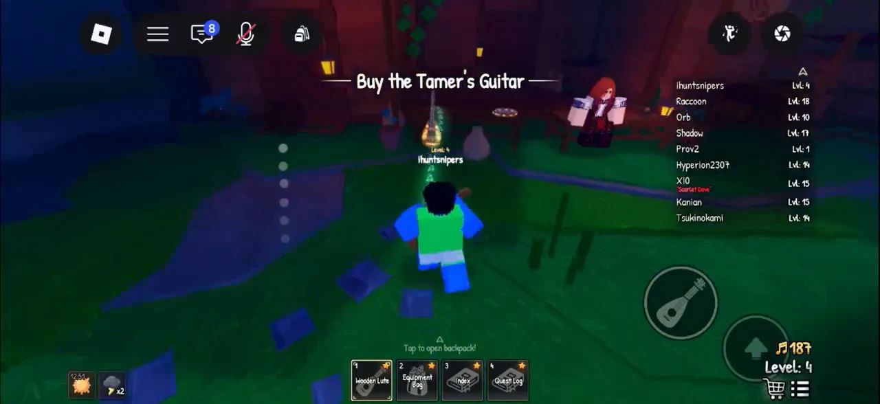 The Buy the Tamer's Guitar objective on screen while walking toward the instrument stall