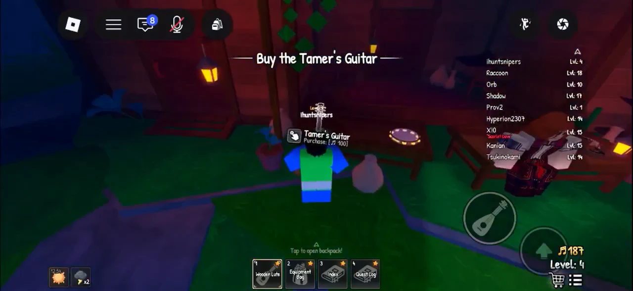 The Shop Purchase window for the Tamer's Guitar with stats and the 100 Chimes buy button