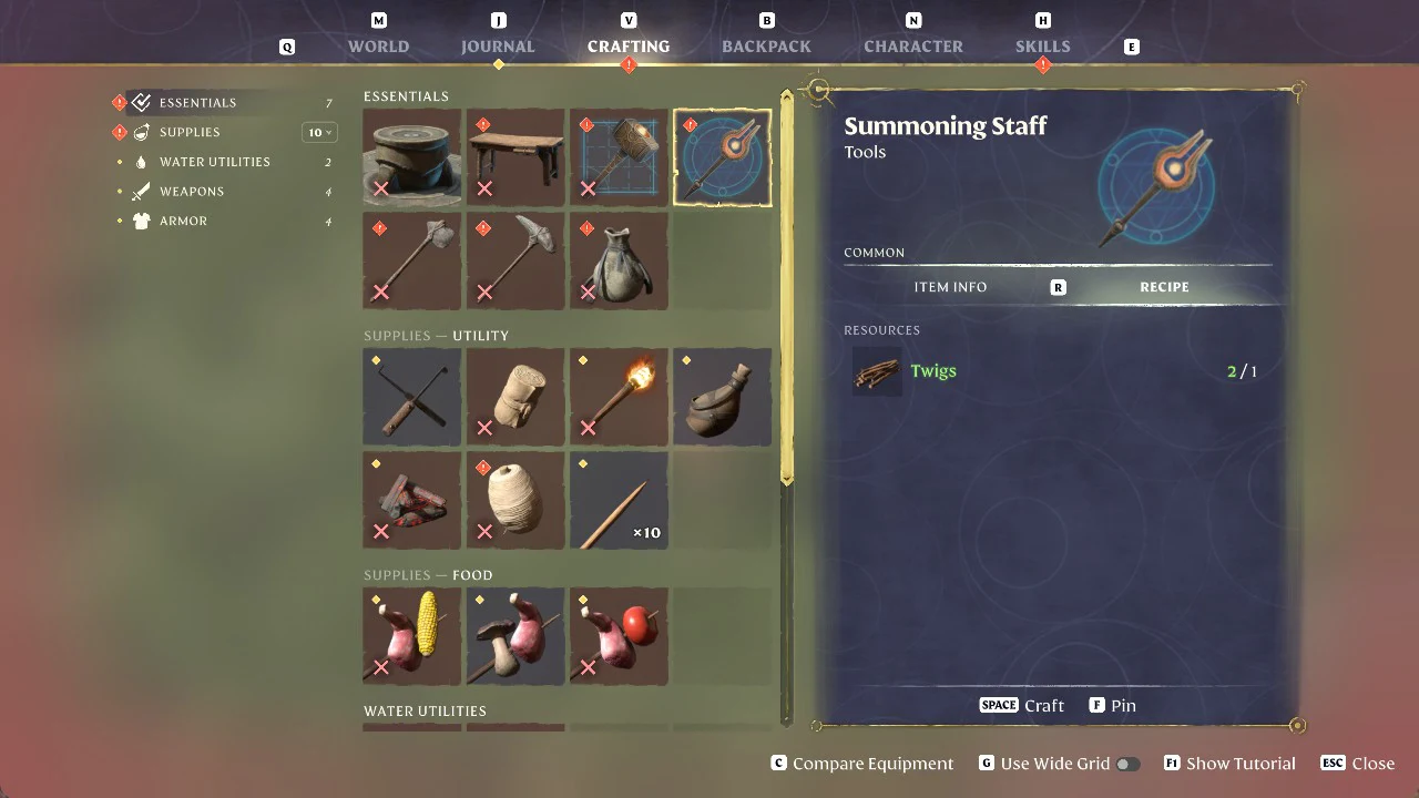 The Crafting screen shows the Summoning Staff recipe with two Twigs available against its one-Twig cost