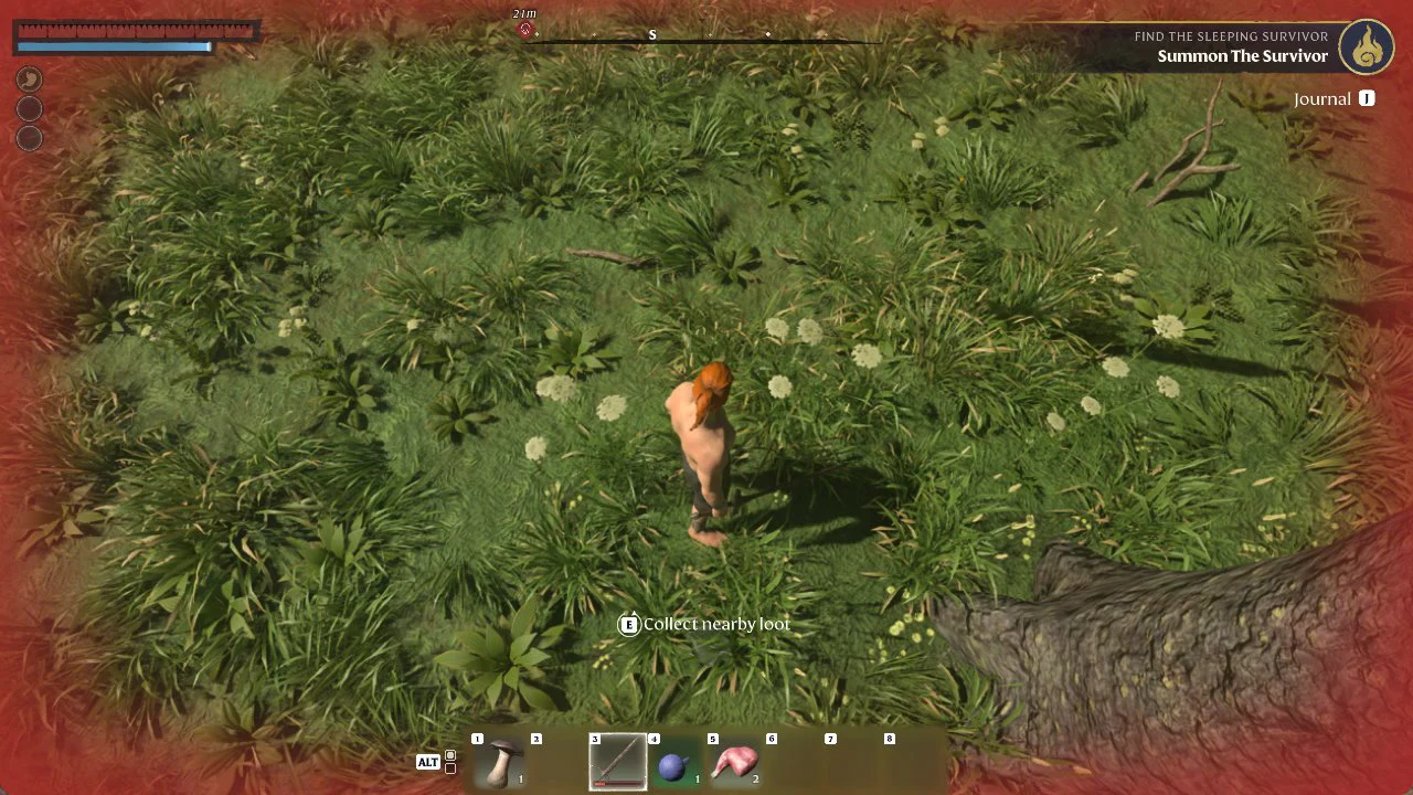 The collect prompt appears over fallen loot in the grass during the Summon The Survivor objective