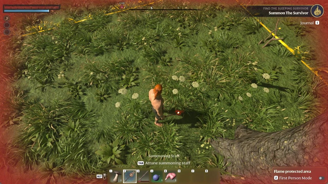 The world view prompts Tab to attune the equipped Summoning Staff inside the flame protected area