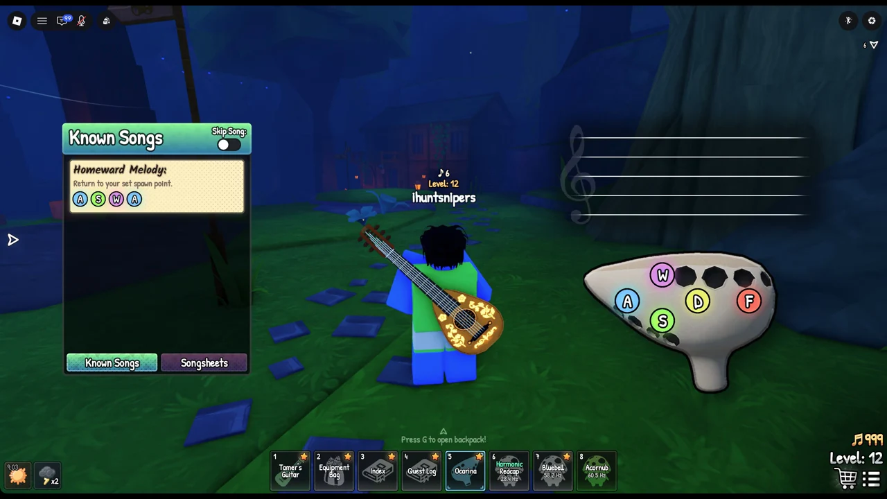 Known Songs menu showing Homeward Melody and its A-S-W-A key sequence