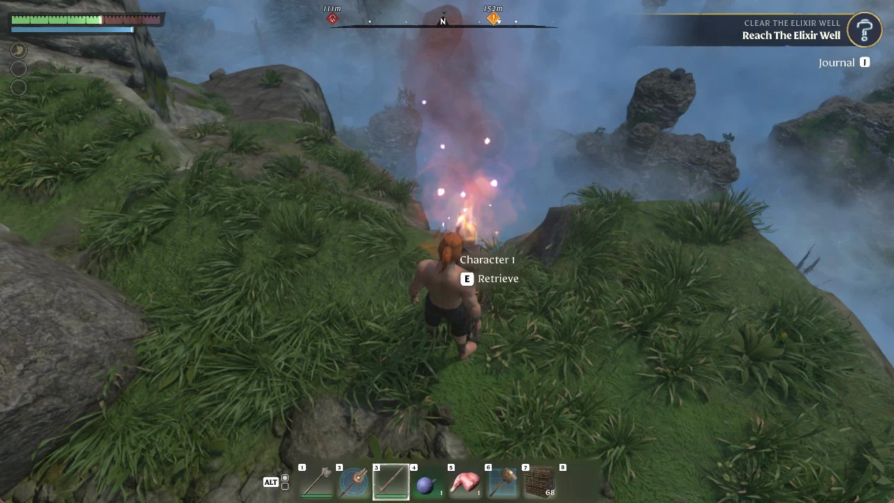 Approaching the glowing Character 1 marker with the E Retrieve prompt on the cliff