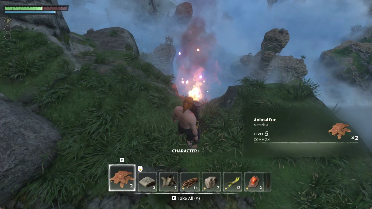 Character 1 loot screen with Animal Fur highlighted and the F Take All prompt