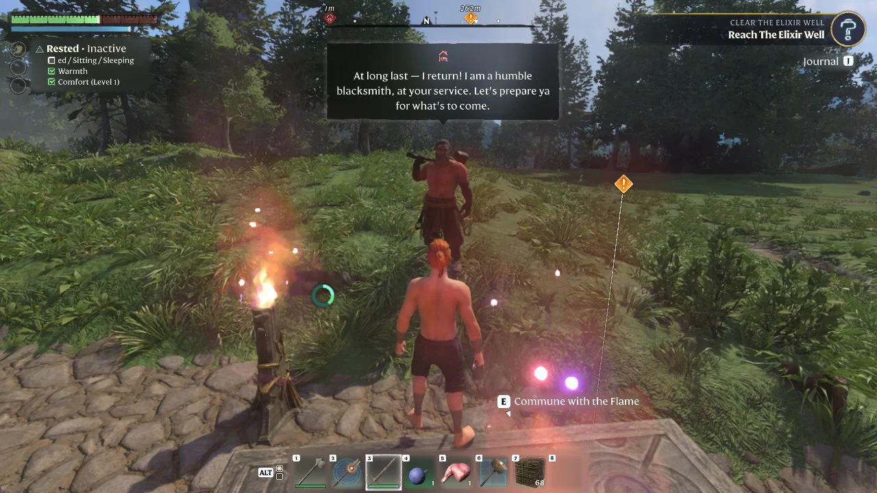 Respawn at the Flame Altar with the E Commune with the Flame prompt and the blacksmith nearby