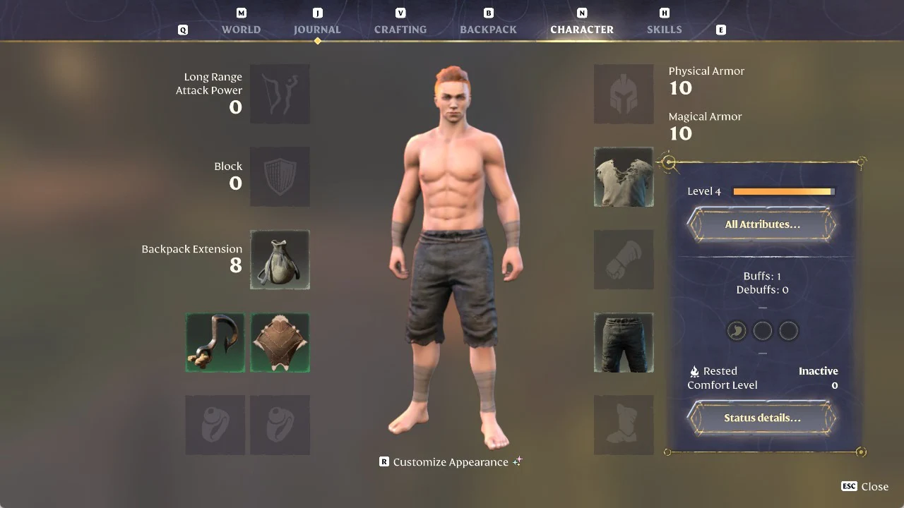 CHARACTER screen showing the character's stats and equipped gear
