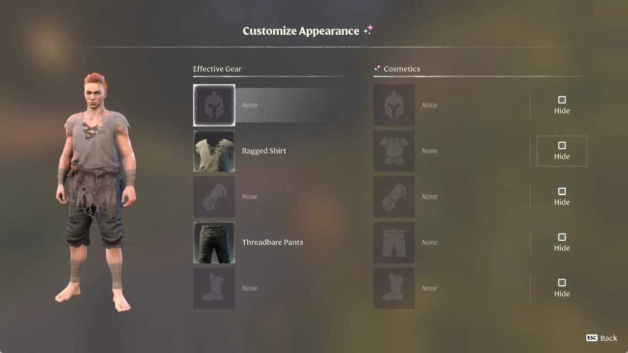 Enshrouded Customize Appearance screen with chest row 'Hide' unticked and the 'Ragged Shirt' visible