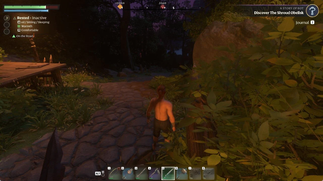 Character exploring a forest path in third person with a sword selected in the hotbar